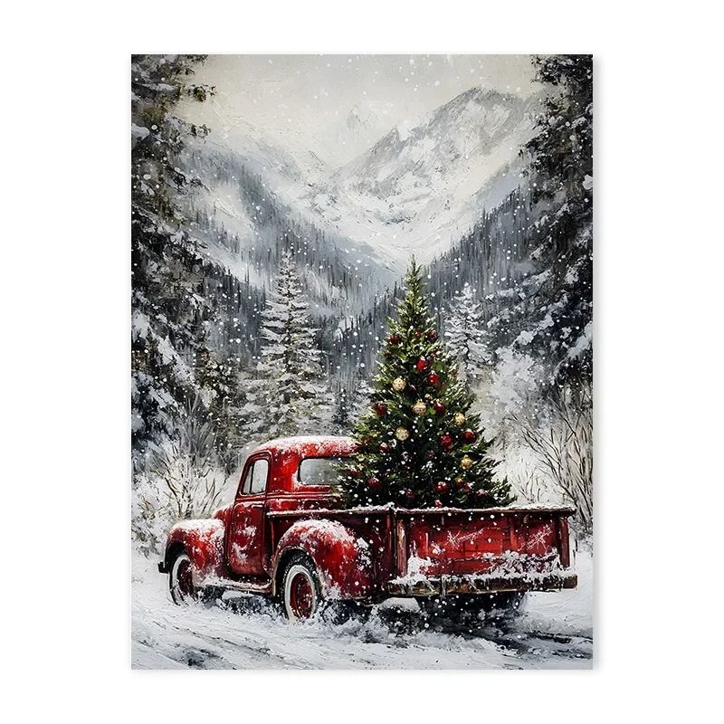 Vintage Red Truck Christmas Canvas Nordic Winter Snow Scene Wall Art Decor 3