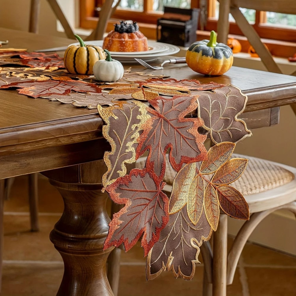 Embroidered Maple Leaf Autumn Table Runner Rustic Farmhouse Harvest Decor 0
