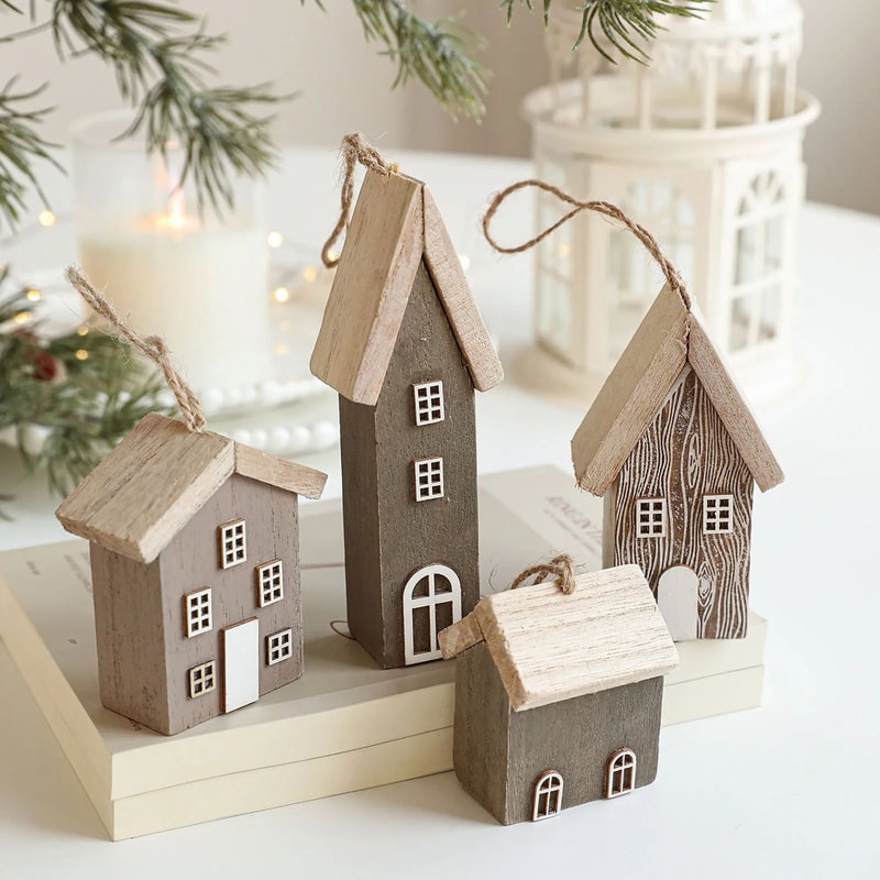 Wooden Christmas House Ornament Rustic Tree Hanging Holiday Decor 0