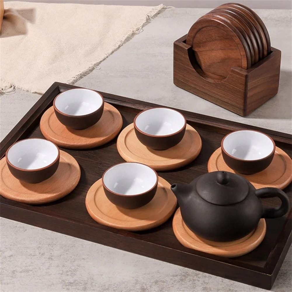 Walnut Wood Drink Coasters Set Heat Resistant Round Wooden Table Protectors 7