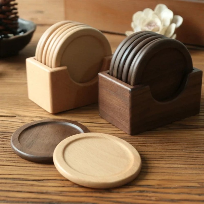 Walnut Wood Drink Coasters Set Heat Resistant Round Wooden Table Protectors 0