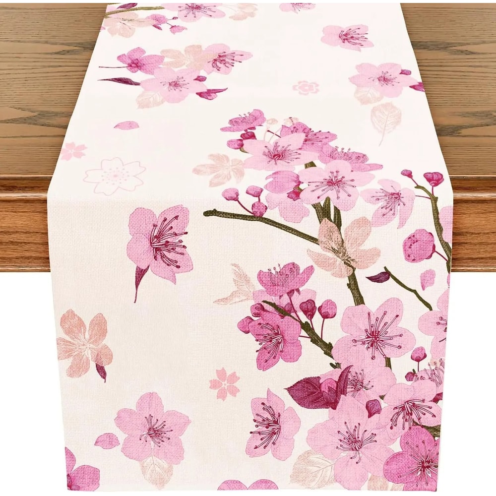 Cherry Blossom Linen Table Runner Spring Farmhouse Wedding Dining Table Decor 0