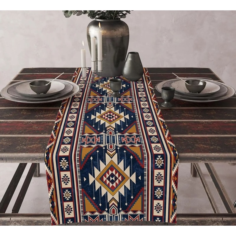 Boho Aztec Linen Table Runner Geometric Tribal Dining Table Decor 2