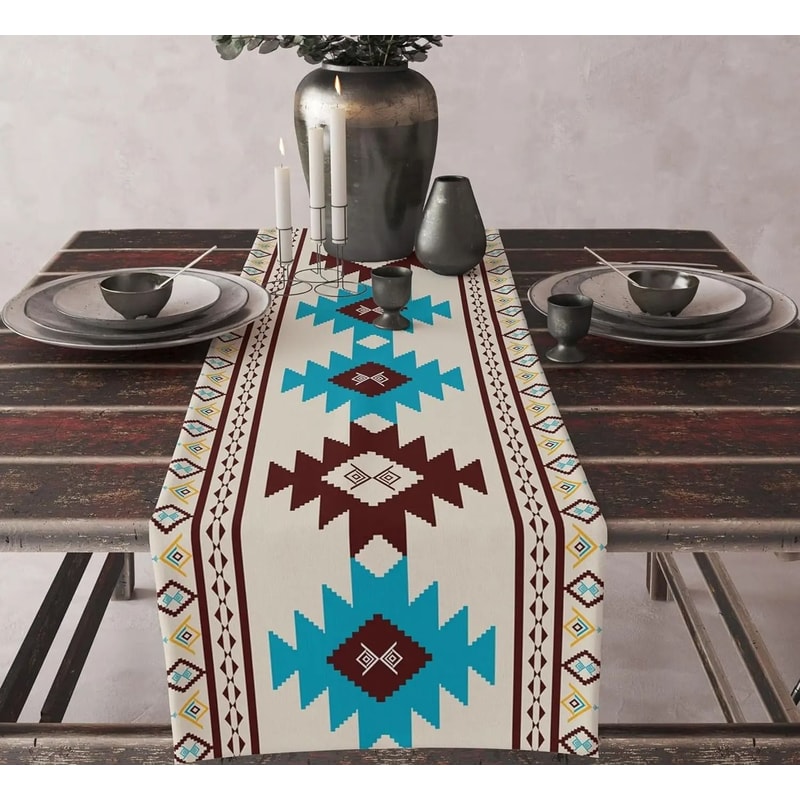 Boho Aztec Linen Table Runner Geometric Tribal Dining Table Decor 17