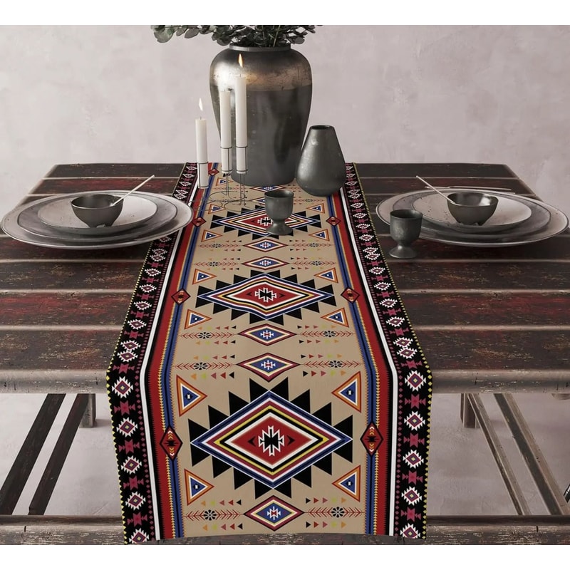 Boho Aztec Linen Table Runner Geometric Tribal Dining Table Decor 8