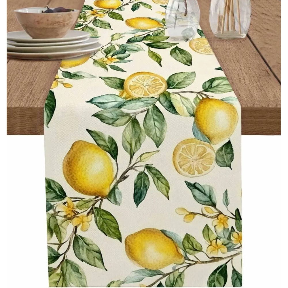 Watercolor Lemon Linen Table Runner Summer Farmhouse Dining Table Decor 0