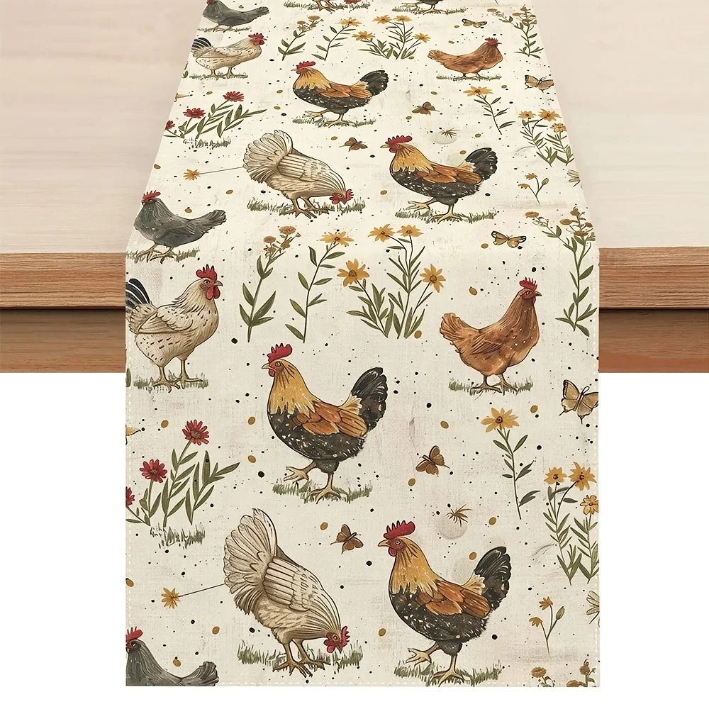 Farmhouse Rooster Linen Table Runner Floral Country Kitchen Dining Table Decor 3