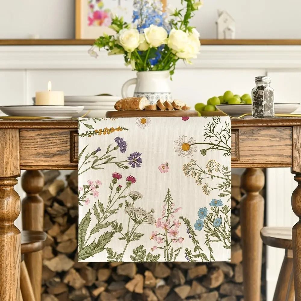 Spring Daisy Linen Table Runner Farmhouse Floral Dining Table Decor 6