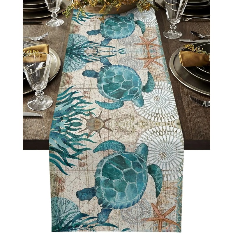 Nautical Sea Turtle Linen Table Runner Coastal Beach Dining Table Decor 3