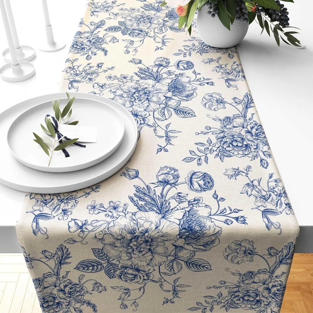 Chinoiserie Blue Floral Linen Table Runner Elegant Dining Table Decor 8