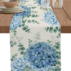 blue hydrangea linen table runner farmhouse floral dining decor