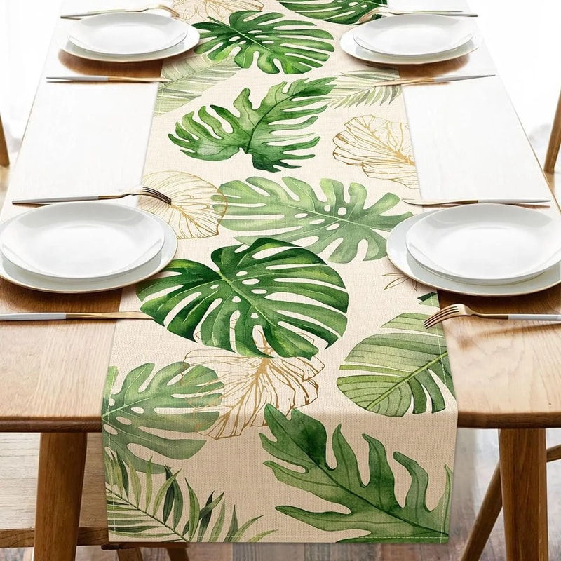 Tropical Palm Leaf Linen Table Runner Summer Greenery Dining Decor 0