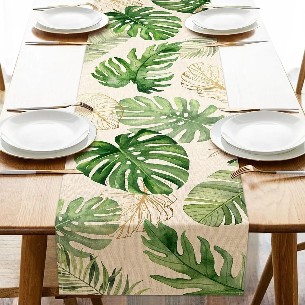 Tropical Palm Leaf Linen Table Runner Summer Greenery Dining Decor 6