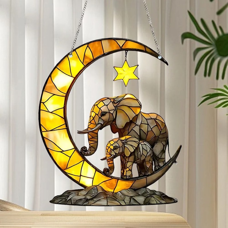 Elephant Family Moon Window Hanging Decor Garden And Bedroom Ornament 0