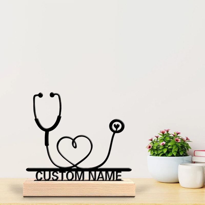 Personalized Stethoscope Metal Statue Doctor Desk Decor With Wooden Base 0