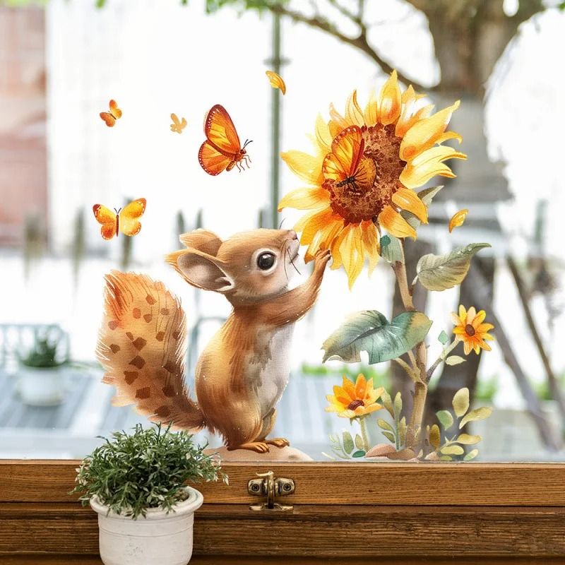 Watercolor Squirrel Animal Wall Decal Rustic Window Wall Sticker With Sunflower Design 1