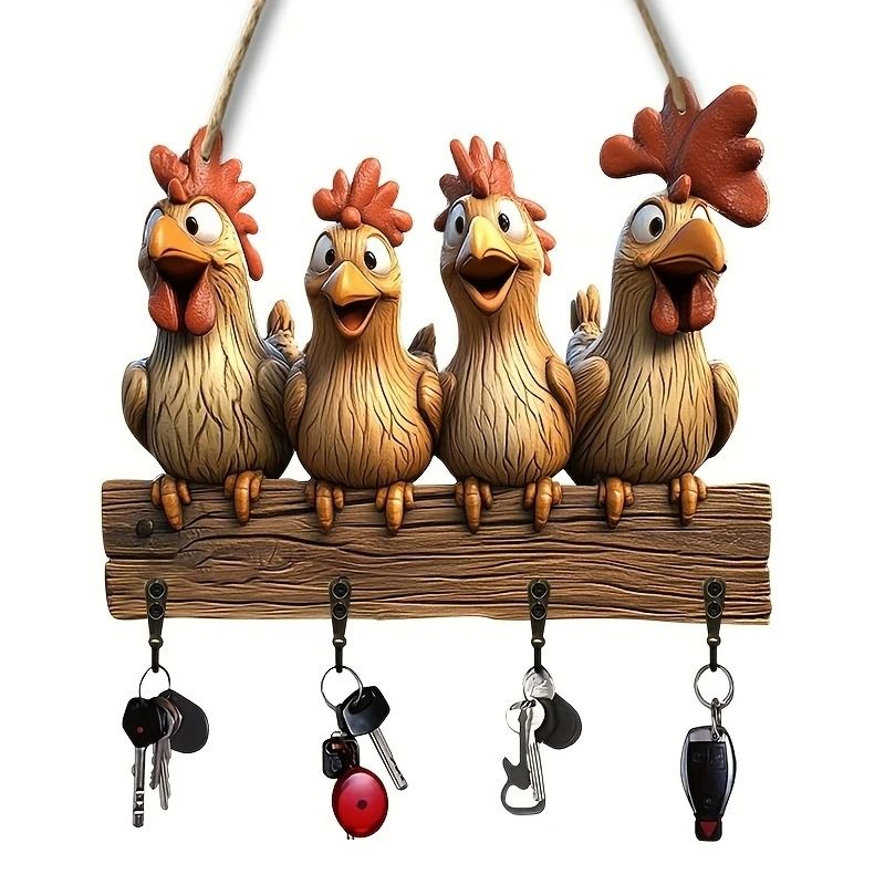 Farmhouse Wooden Key Holder Hen Wall Key Hanger With Decorative Hooks 1