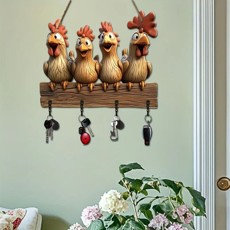 Farmhouse Wooden Key Holder Hen Wall Key Hanger With Decorative Hooks 4