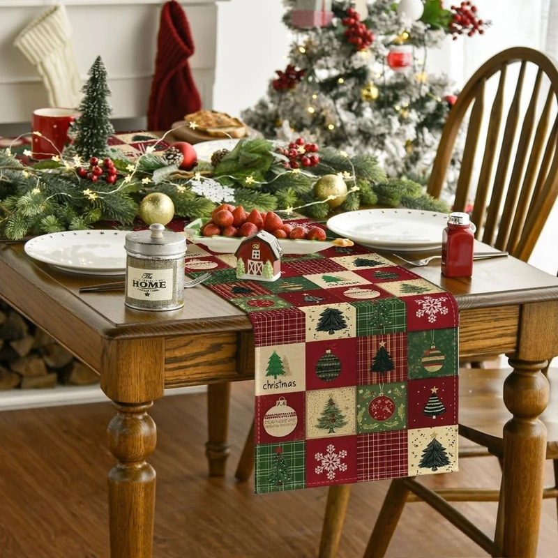 Christmas Plaid Linen Table Runner Snowflake Holiday Dining Table Decor 2