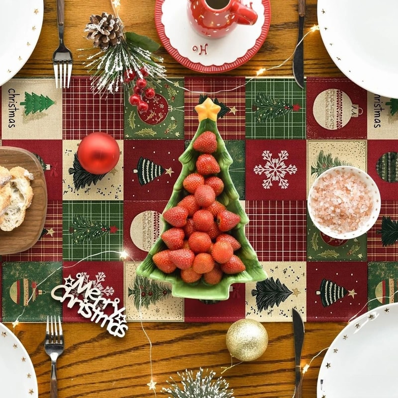 Christmas Plaid Linen Table Runner Snowflake Holiday Dining Table Decor 4