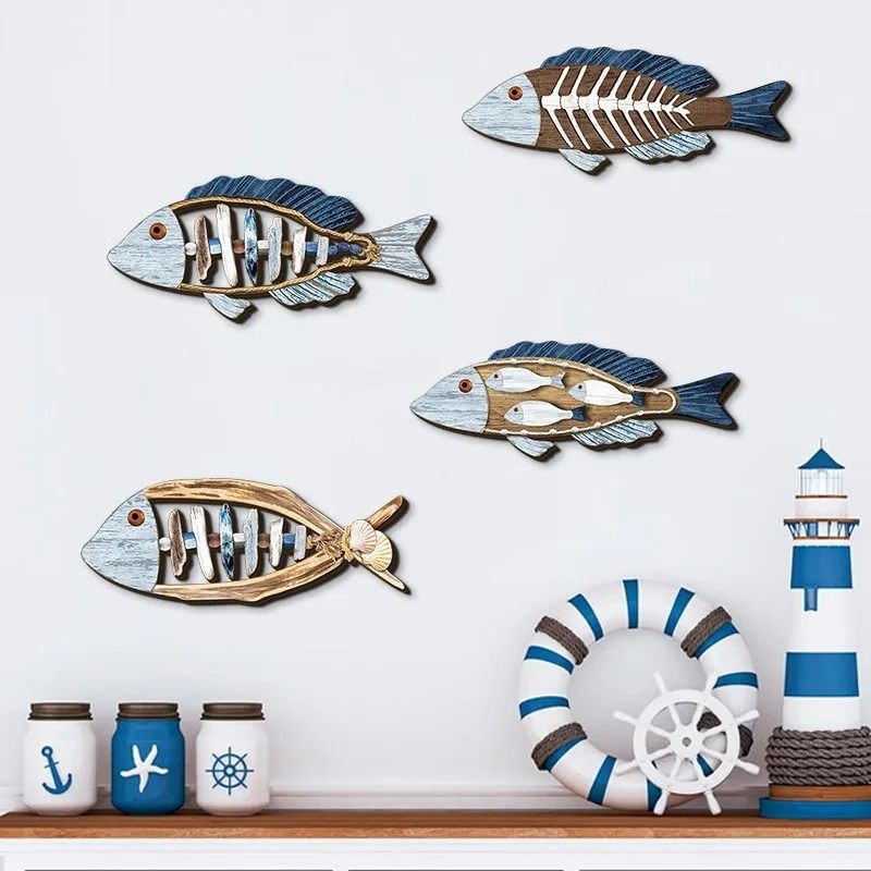 Ocean Fish Wooden Wall Art Set Coastal Marine Wall Hanging Decor 4