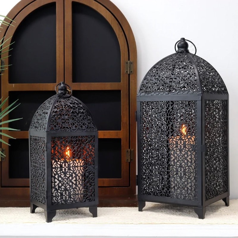 Black Metal Candle Lantern Set Hanging Candle Holder Decorative Lanterns 0