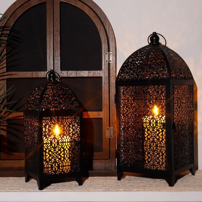 Black Metal Candle Lantern Set Hanging Candle Holder Decorative Lanterns 6
