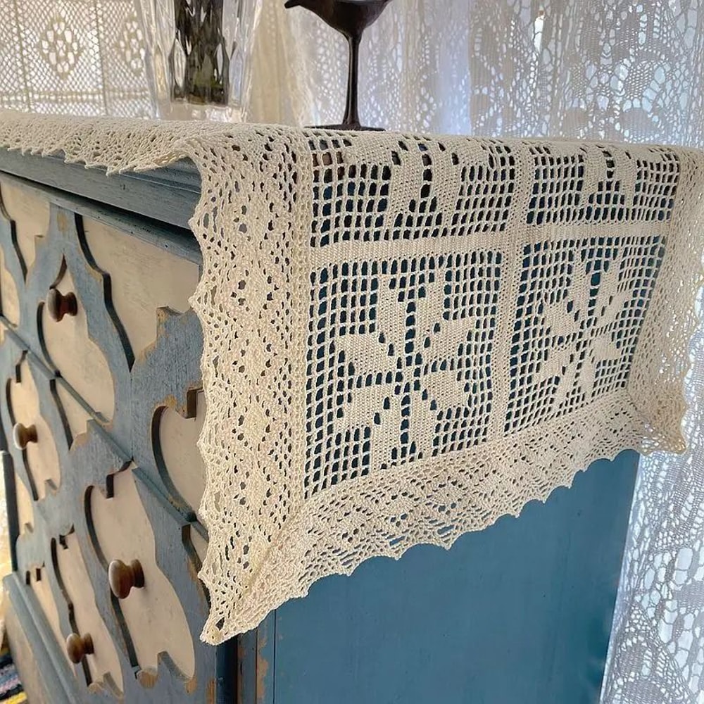 Crochet Cotton Linen Table Runner Lace Vintage Farmhouse Table Decor 5