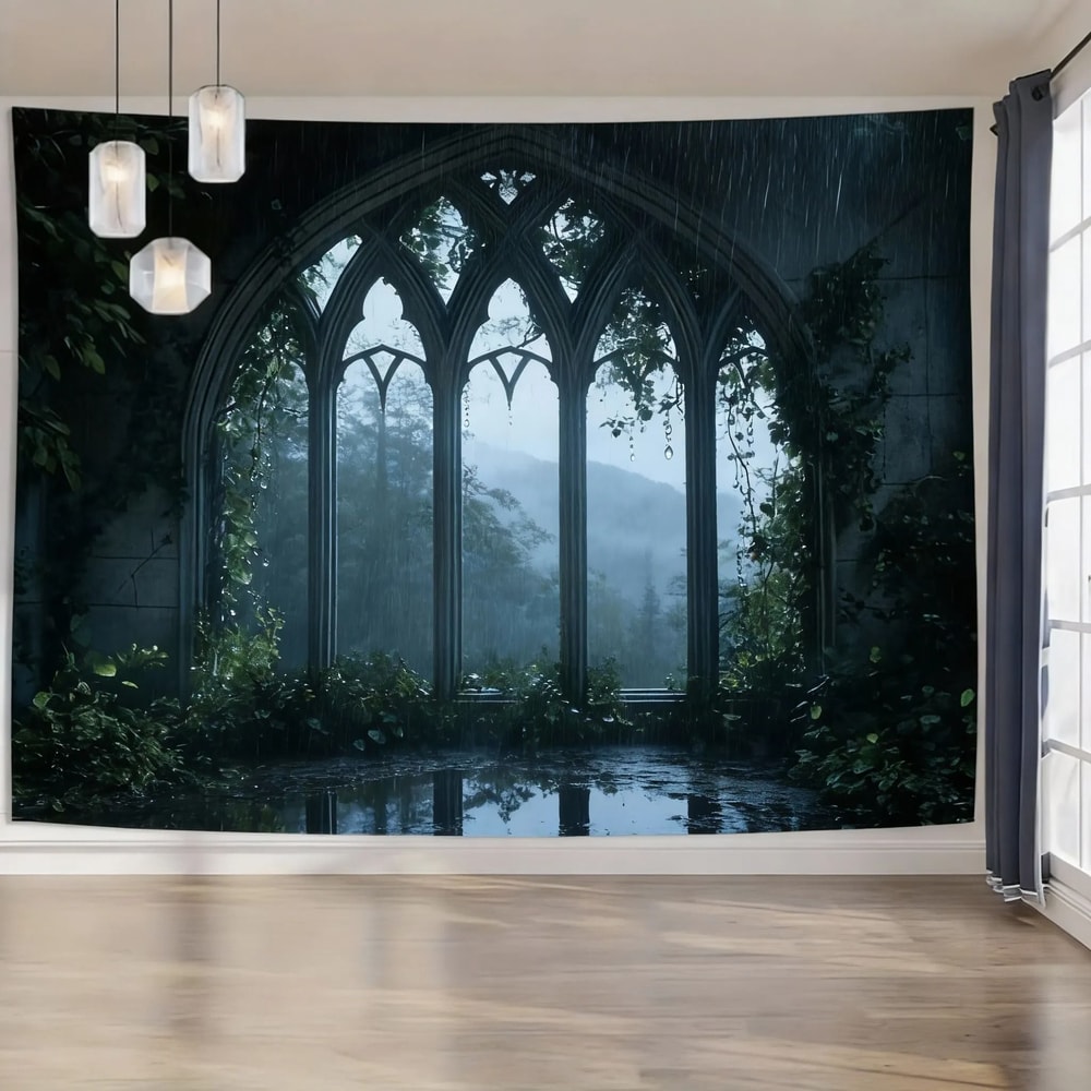 Gothic Window Landscape Tapestry Forest Wall Hanging Nature Decor 5