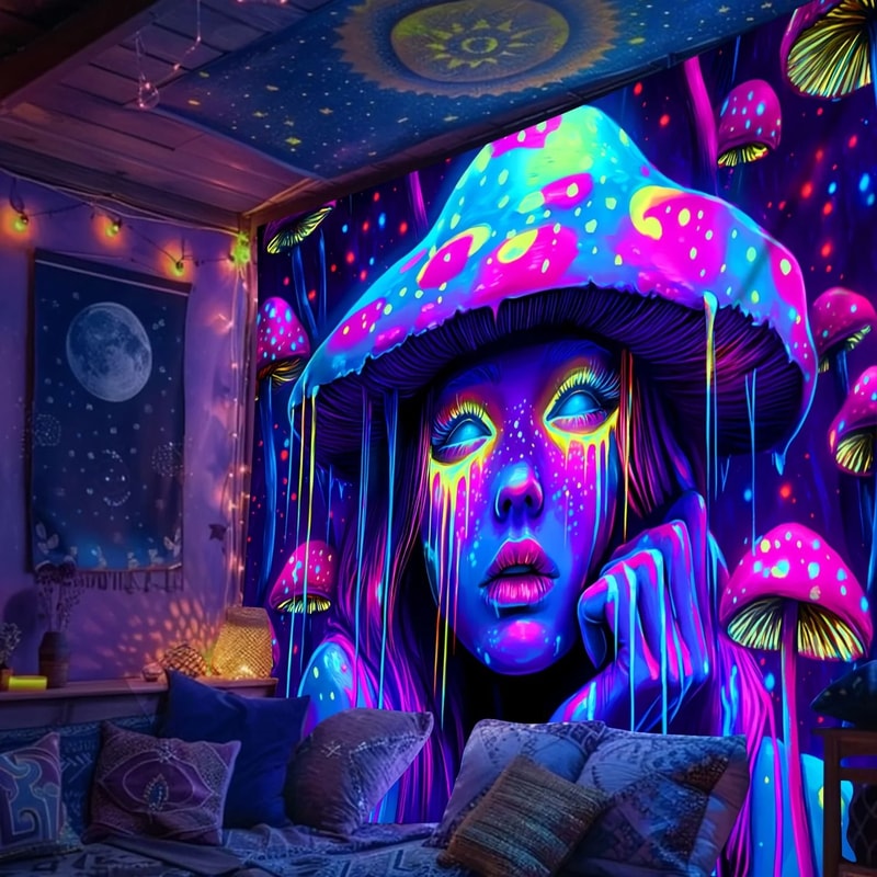 Psychedelic Mushroom Girl Tapestry UV Reactive Blacklight Wall Hanging Decor 4