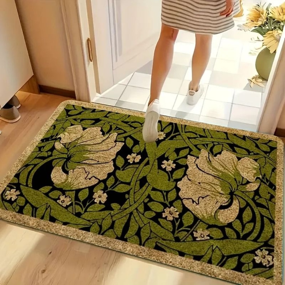 Green Floral Welcome Doormat Indoor Entrance Decorative Washable Rug 6