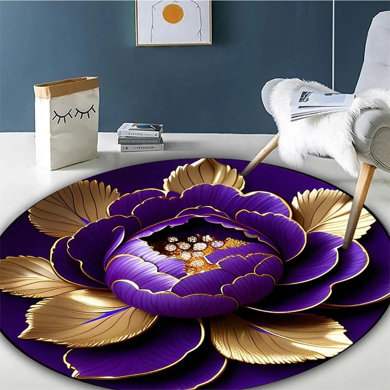 Purple Gold Peony Floral Round Rug Washable Non Slip Area Carpet 3