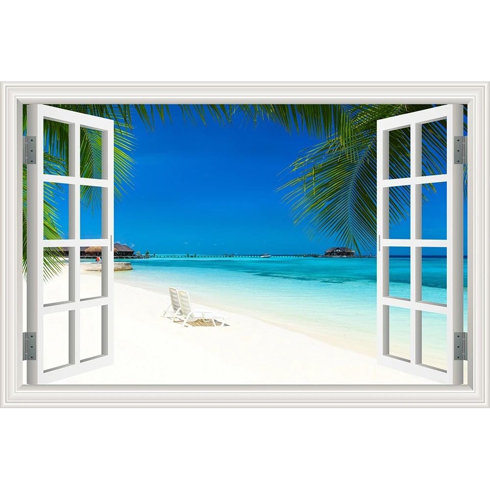 3D Beach Window Wall Sticker Ocean View Self Adhesive Wall Mural Decor 2