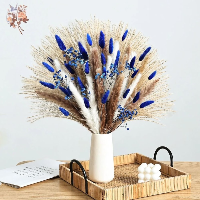 Blue Rabbit Tail Pampas Grass Dried Flower Bouquet Fluffy Decorative Stems 0