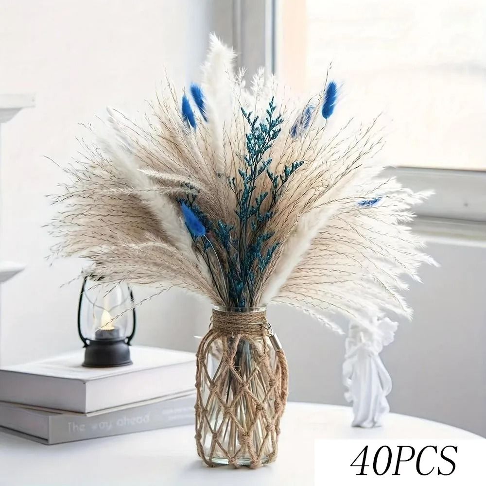Blue Rabbit Tail Pampas Grass Dried Flower Bouquet Fluffy Decorative Stems 3