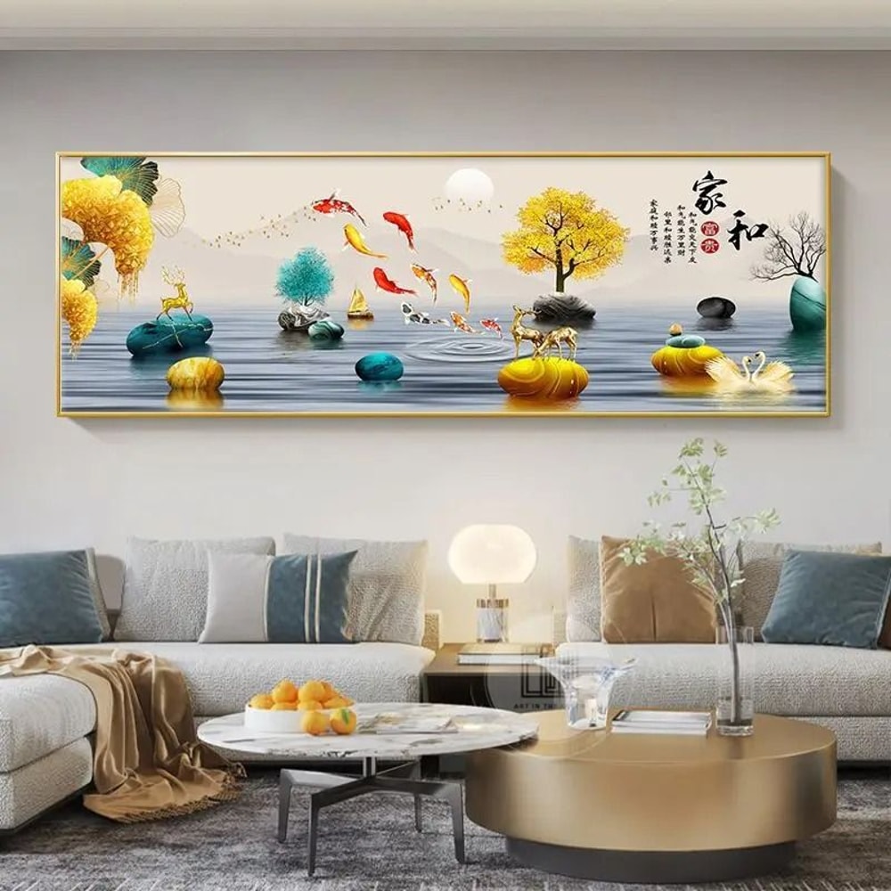 Feng Shui Gold Deer Canvas Wall Art Chinese Style Mountain Decor Print 1