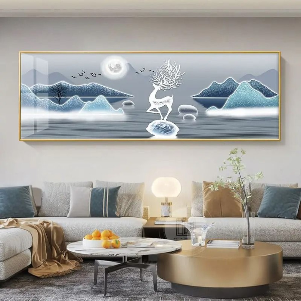 Feng Shui Gold Deer Canvas Wall Art Chinese Style Mountain Decor Print 13