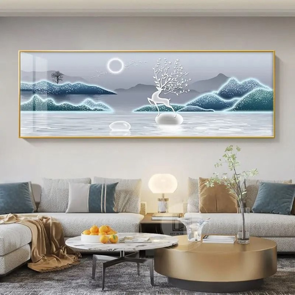 Feng Shui Gold Deer Canvas Wall Art Chinese Style Mountain Decor Print 16