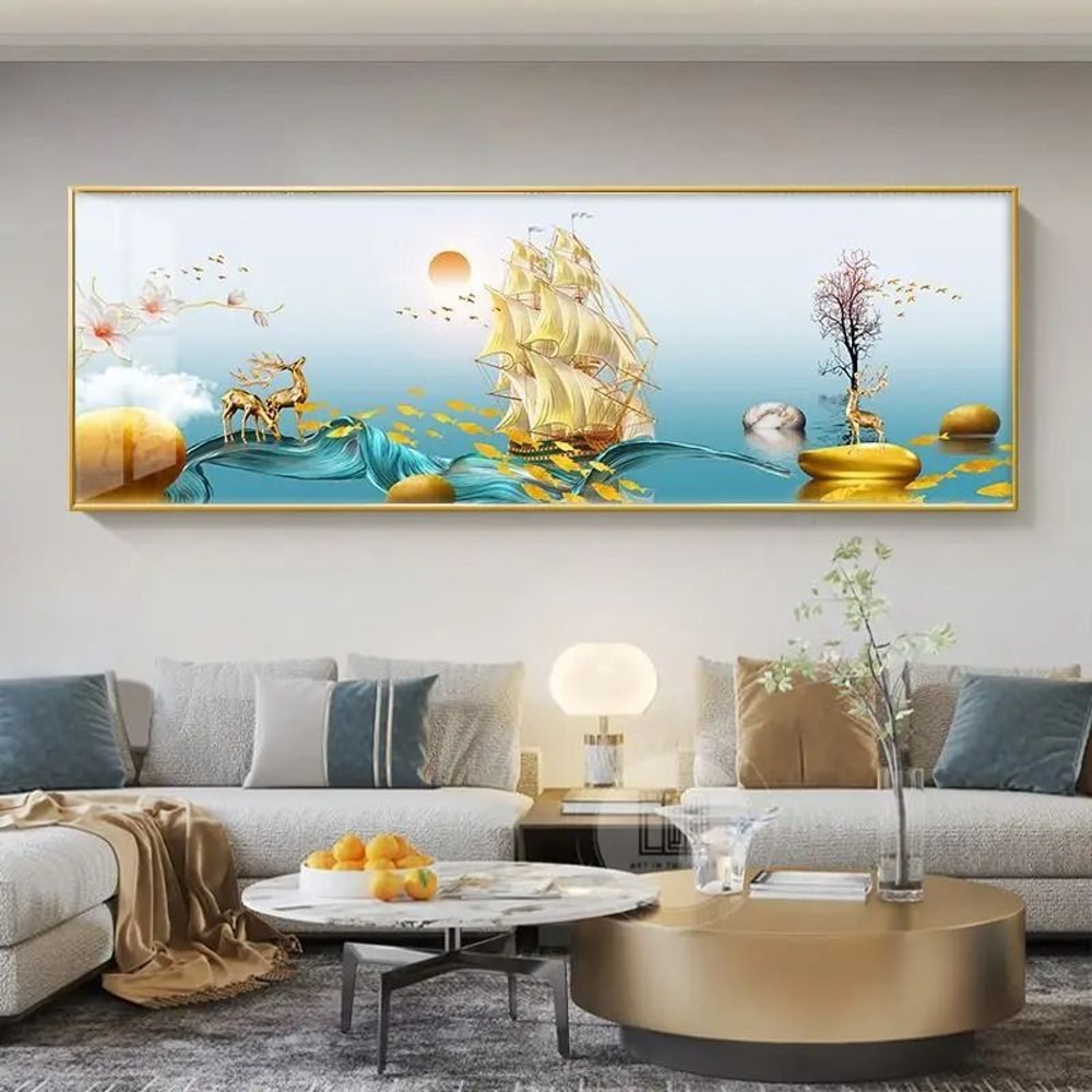 Feng Shui Gold Deer Canvas Wall Art Chinese Style Mountain Decor Print 18