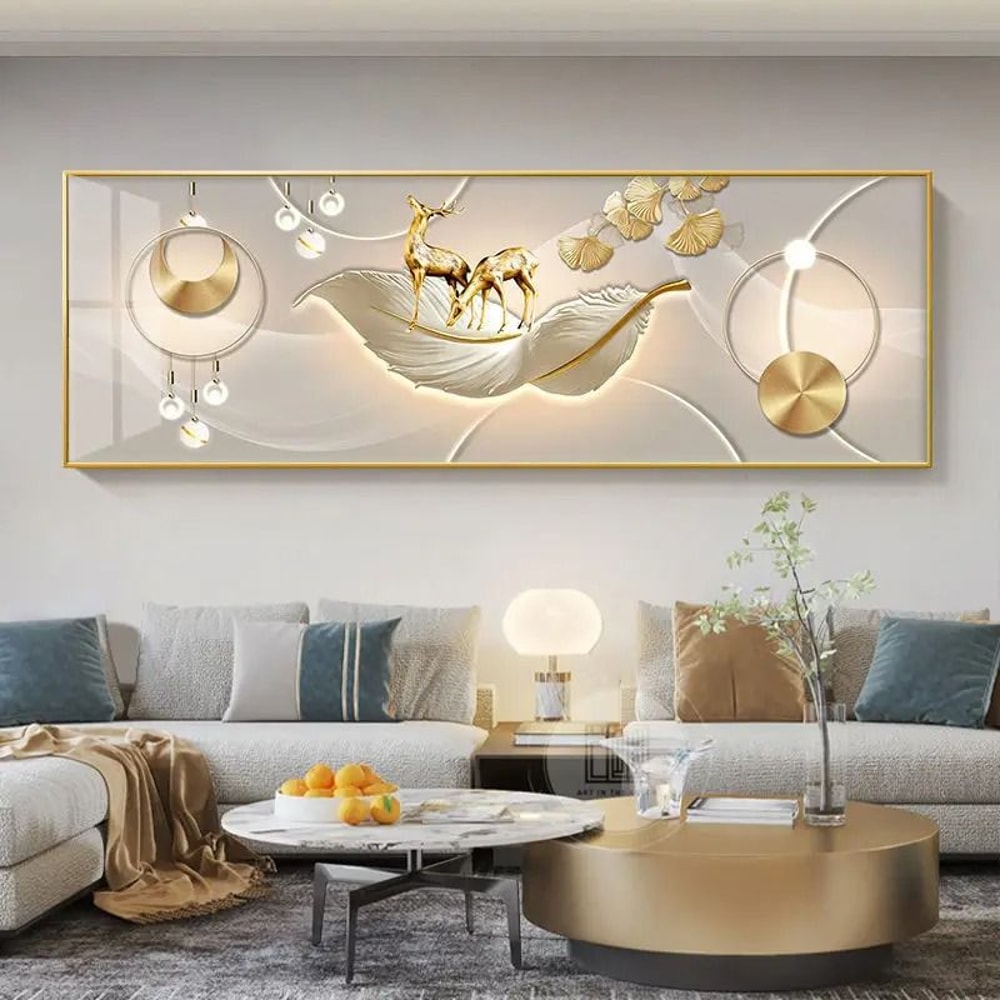 Feng Shui Gold Deer Canvas Wall Art Chinese Style Mountain Decor Print 19