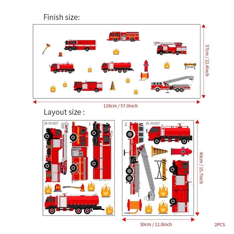 Cartoon Fire Truck Wall Decals Kids Room Nursery Wall Decor Stickers 3