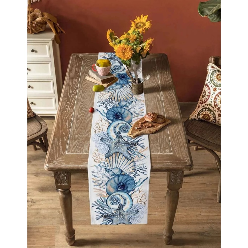 Coastal Ocean Linen Table Runner Beach Theme Dining Decor 5