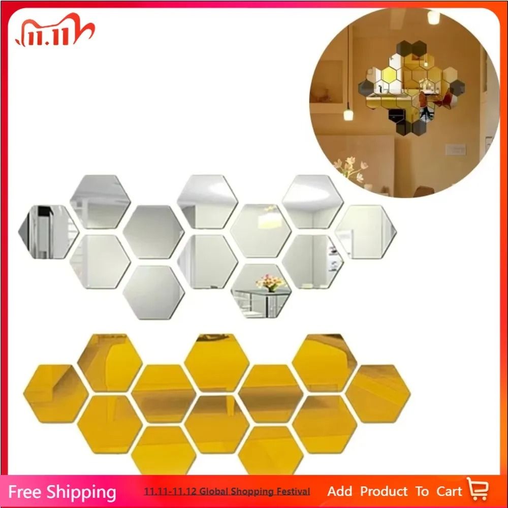 12PCS Hexagon Mirror Wall Stickers Acrylic 3D Decorative Tiles For Home Decor 0