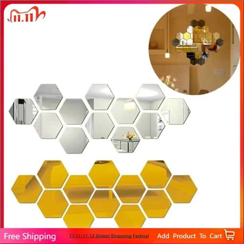 12PCS Hexagon Mirror Wall Stickers Acrylic 3D Decorative Tiles for Home Decor
