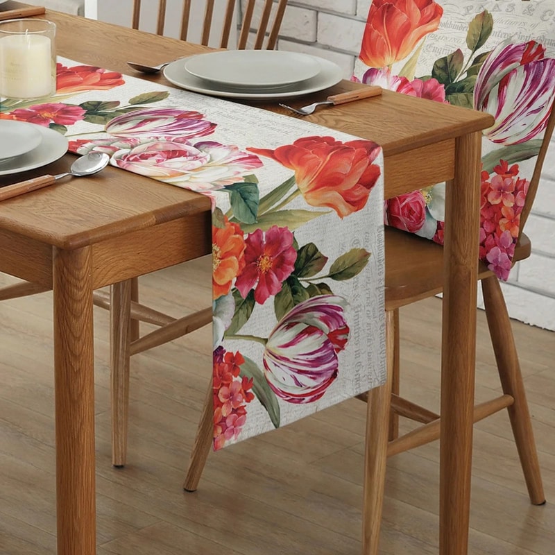 Vintage Tulip Floral Linen Table Runner Farmhouse Dining Table Decor 0