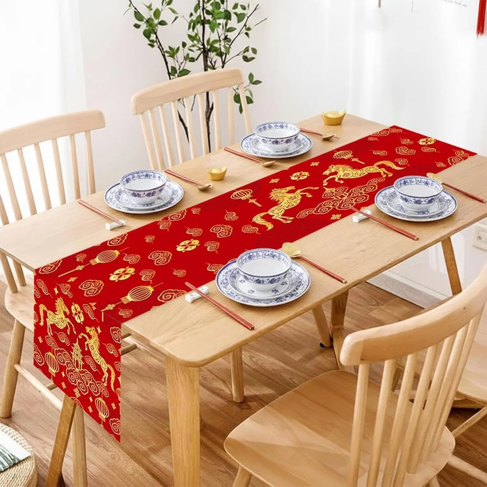 Chinese New Year Horse Linen Table Runner Spring Festival Dining Decor 4