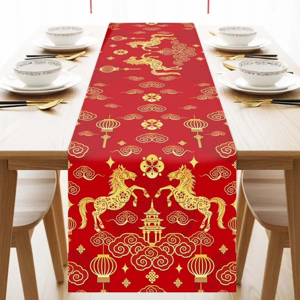 Chinese New Year Horse Linen Table Runner Spring Festival Dining Decor 0