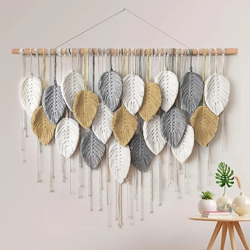 Large Macrame Wall Hanging Boho Woven Tapestry Handmade Leaf Decor 6