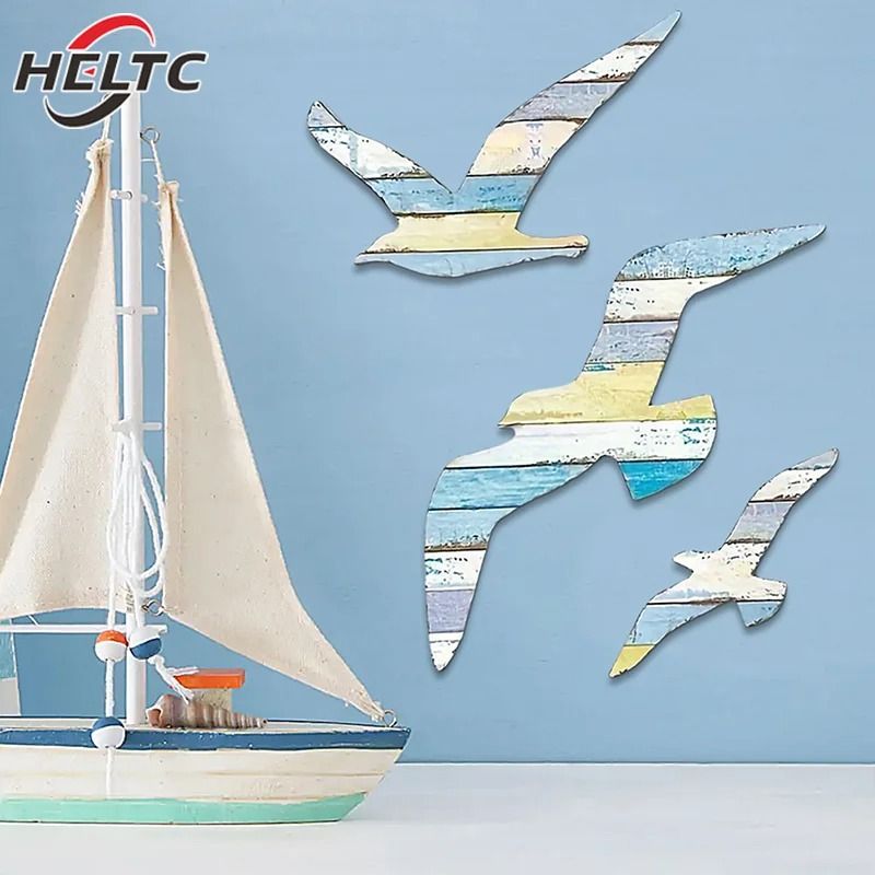 Wooden Seagull Wall Decor Coastal Nautical Home Decoration Set 8