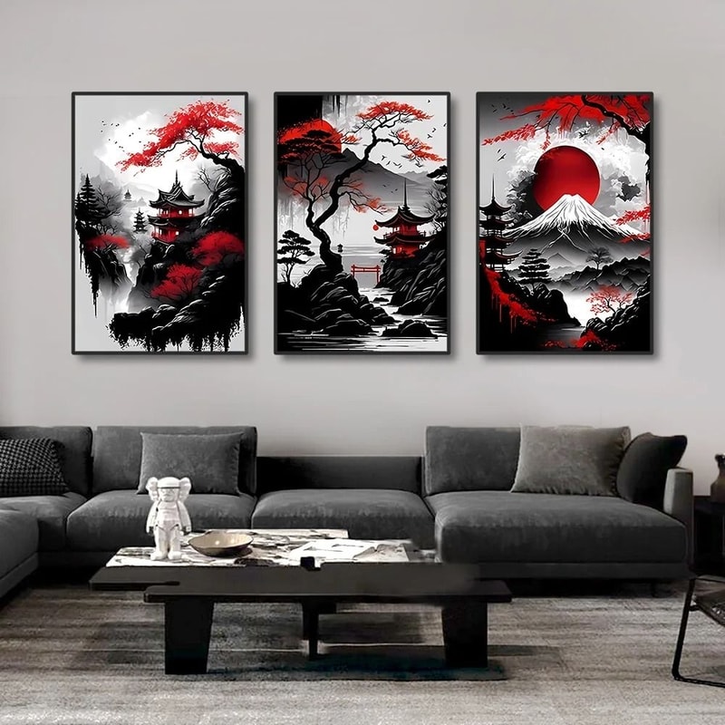 Japanese Wall Art Set Vintage Landscape Canvas Prints In Black And Red Oriental Decor 4